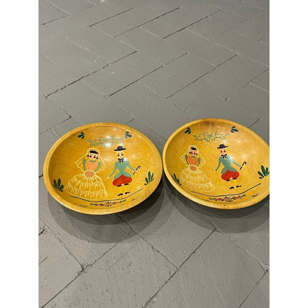 Set of Two Bride Groom Hand Painted Wood Bowls
